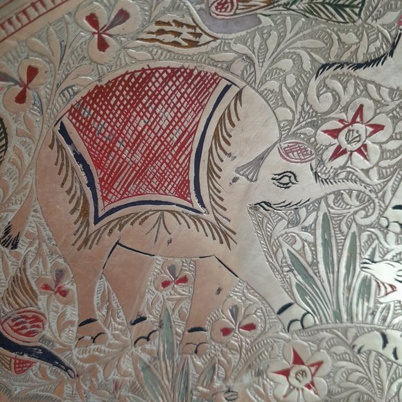 Etched Brass Bowl Colored- Tigers Elephants- wall hanging 10 inch - Picture 8 of 11